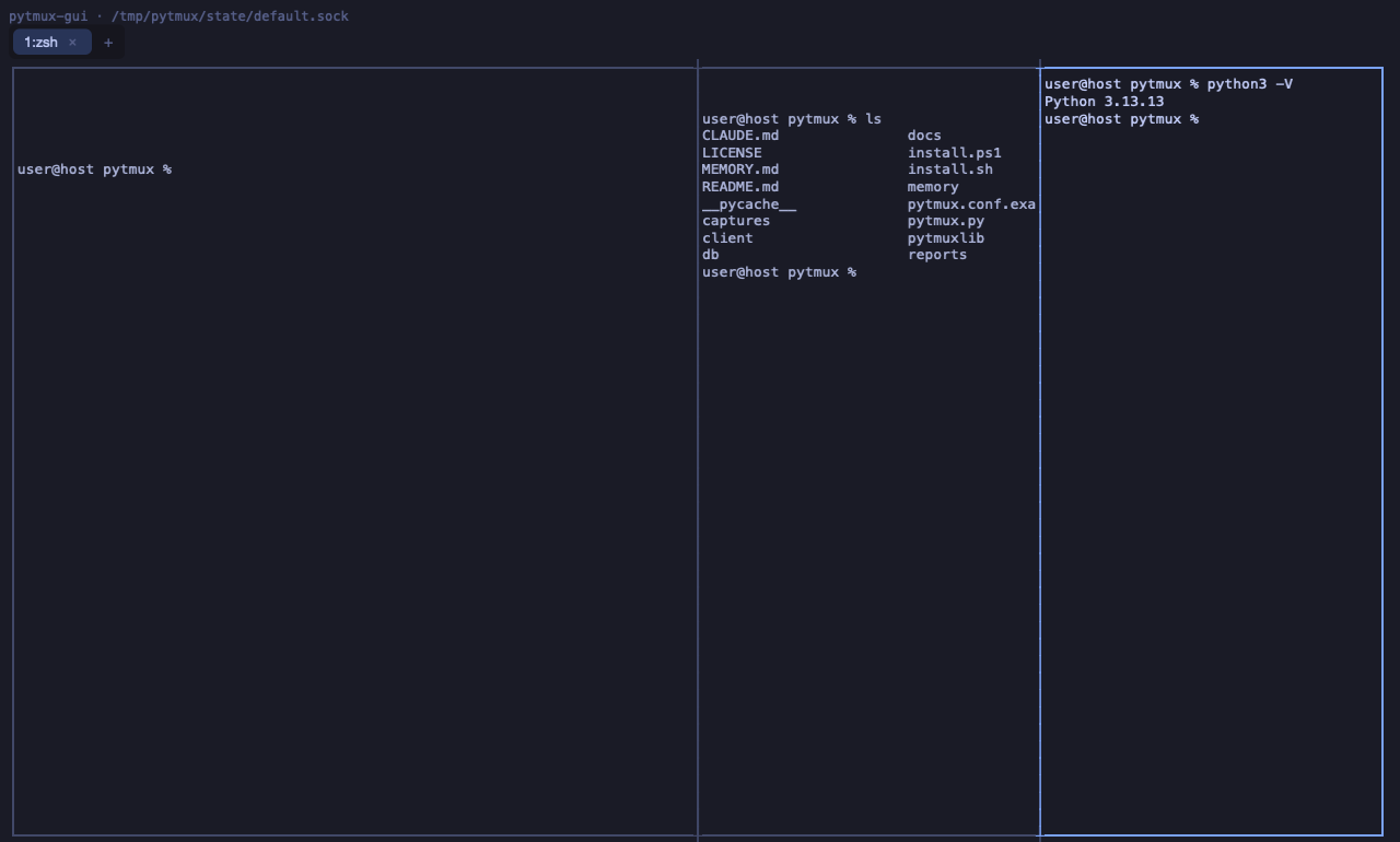 pytmux GUI — 한 탭 안에 세 패널로 나눈 화면