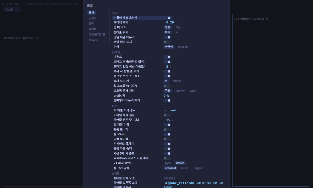 pytmux GUI — 설정 화면