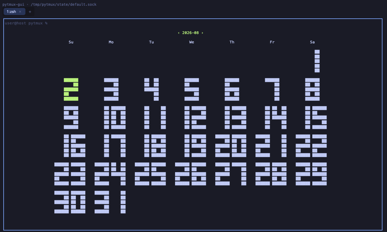 pytmux GUI — 달력 오버레이가 패널을 덮은 화면