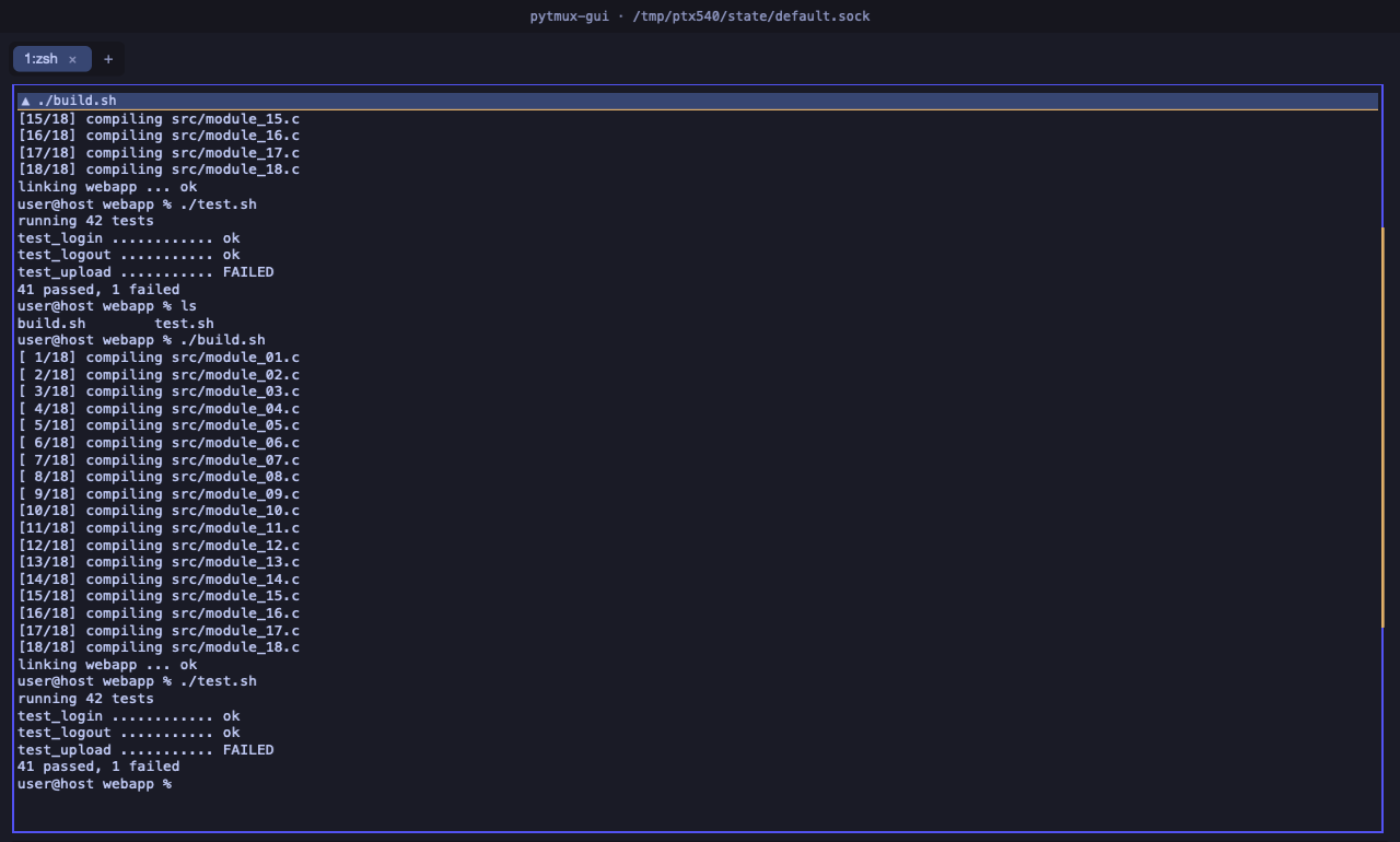 pytmux GUI — 위로 굴린 패널 첫 줄의 스티키 프롬프트 바와 오른쪽 스크롤바